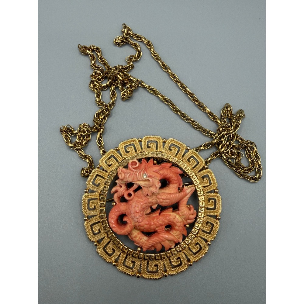 Vintage Hattie Carnegie Faux Coral Dragon Pendant Brooch Asian Greek Key #1082